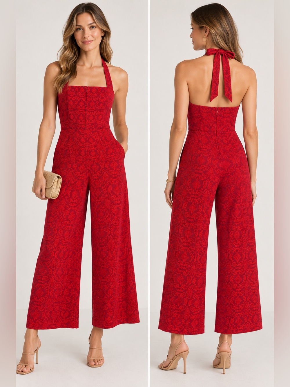 Alice and Olivia Aida Red Brocade Jacquard Halter Wide Leg Cropped Jumpsuit Sz 8